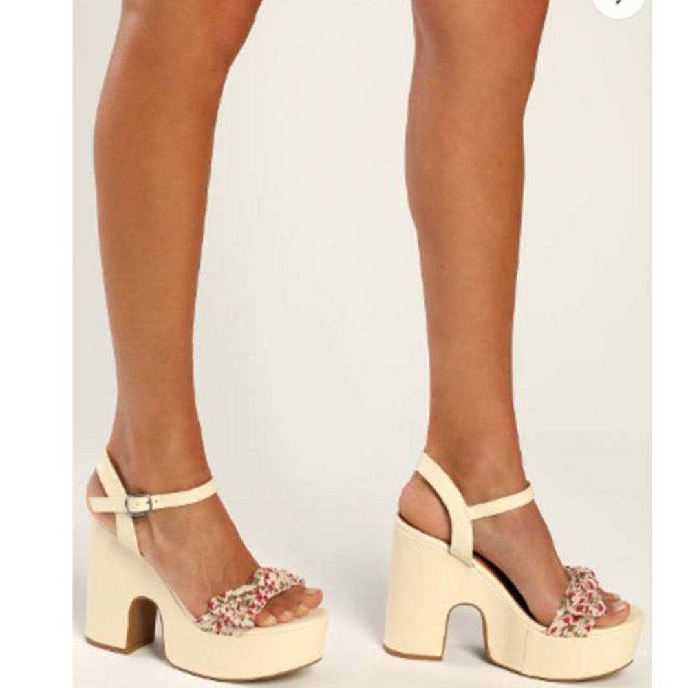 Lulu's Cream Floral Strap Platform Heels